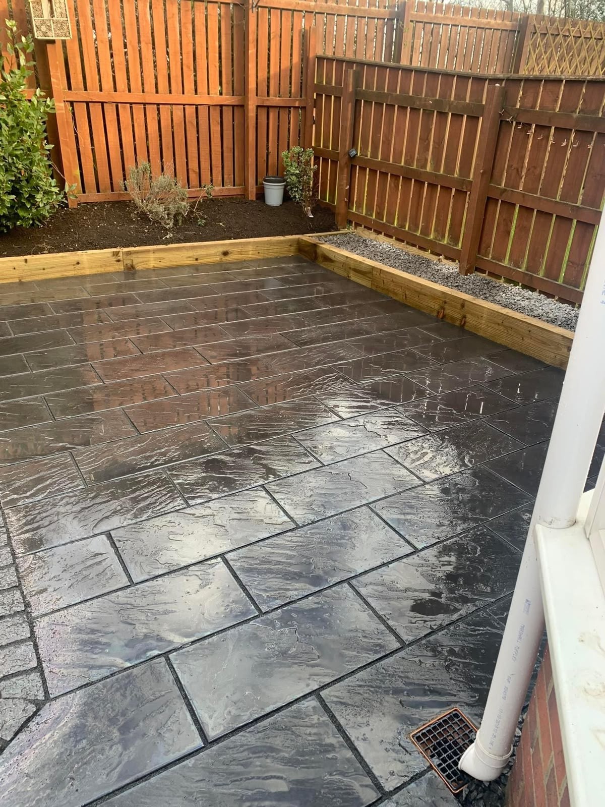 Pattern imprinted concrete patio finished by JP Driveways & Landscaping in County Durham: project 1